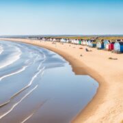 Curved sandy beach with gentle waves and rows of colorful beach huts under a clear blue sky